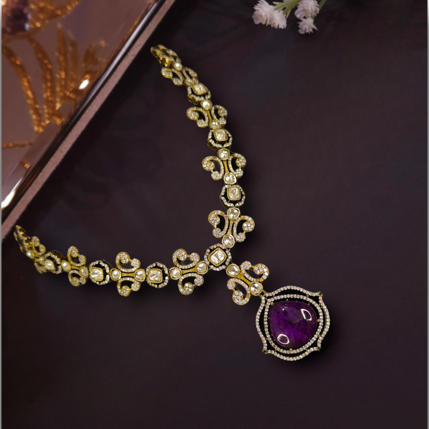 Amethyst Victorian Statement Necklace Set with zircon, and moissanite polki stones. This Victorian Jewellery is available in a Purple colour variant. 