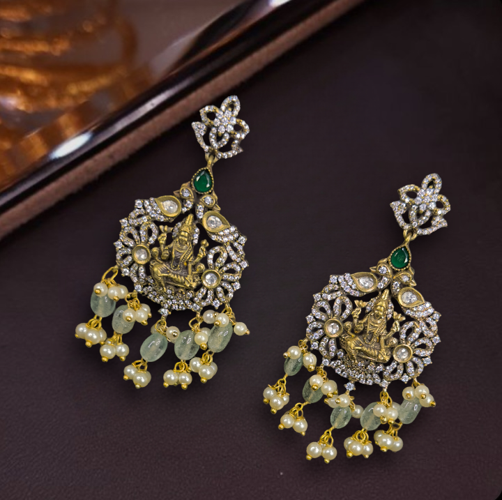 Goddess Laxmi-Devi Victorian Chandbali Earrings. This Victorian Jewellery is available in a Green colour variant. 