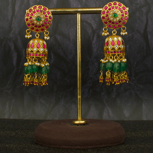 Gold Inspired Floral Studded Jadau Kundan Jhumki with Guttapusalu Hangings