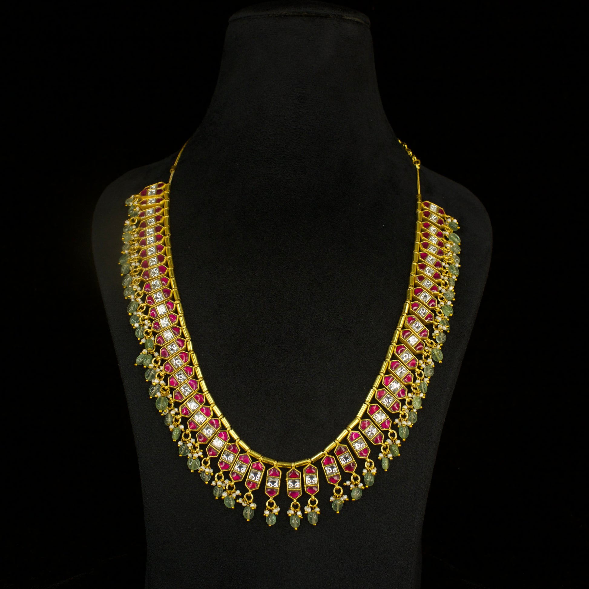 Gold Plated Long Jadau Kundan Chain Necklace with Pearl drops