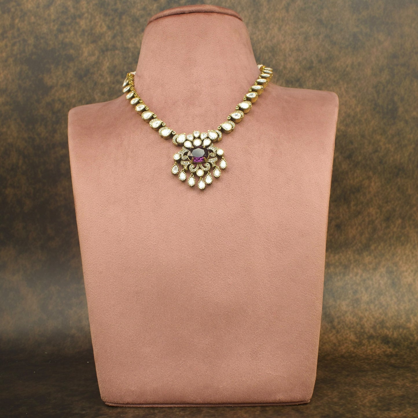 Simple Polki Necklace Set with Victorian Finish