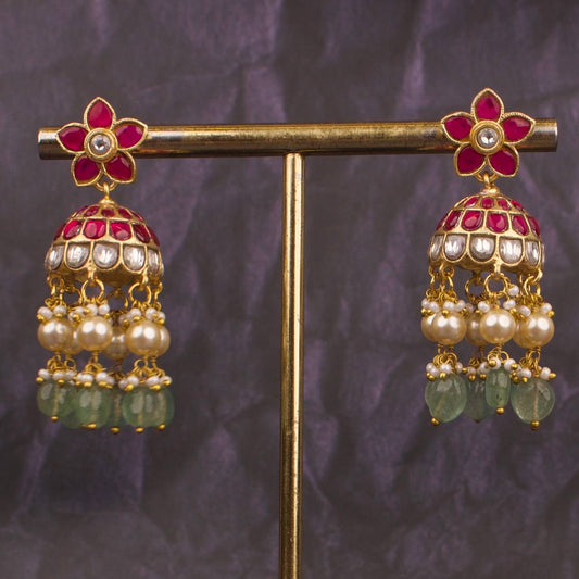 Floral Studded Jadau Kundan Jhumki With Pearl & Beads Hanging
