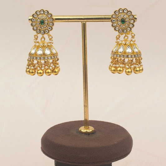 Regal Jadau Kundan Jhumka Earrings With Golden Ball as Drops