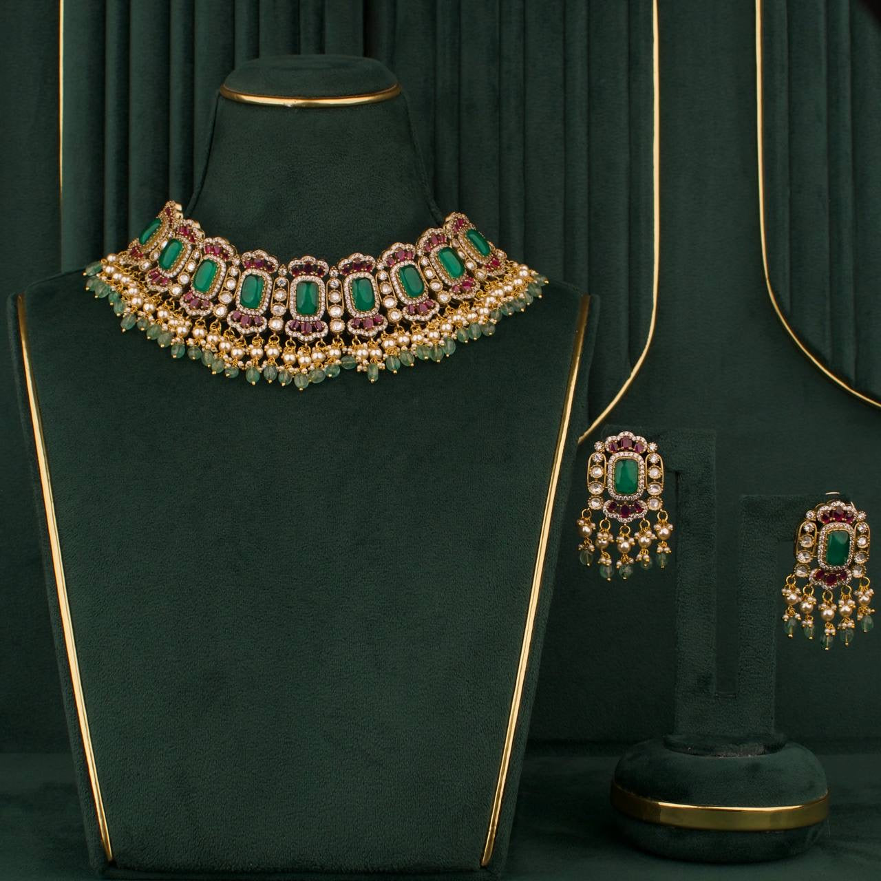 Designer Victorian Polki Fusion Chokers With Matching Earrings