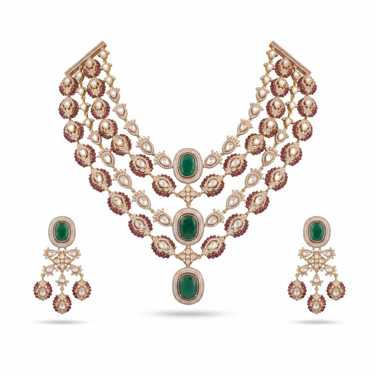 Royal Victorian Layered Polki Necklace Set With Emerald Green Stones And Matching Drop Earrings