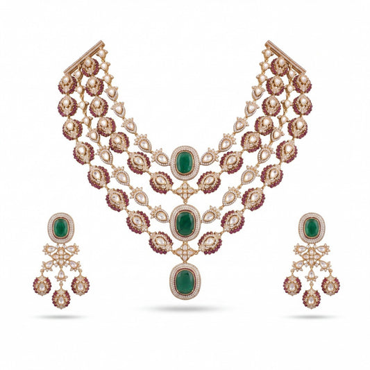 Royal Victorian Layered Polki Necklace Set With Emerald Green Stones And Matching Drop Earrings