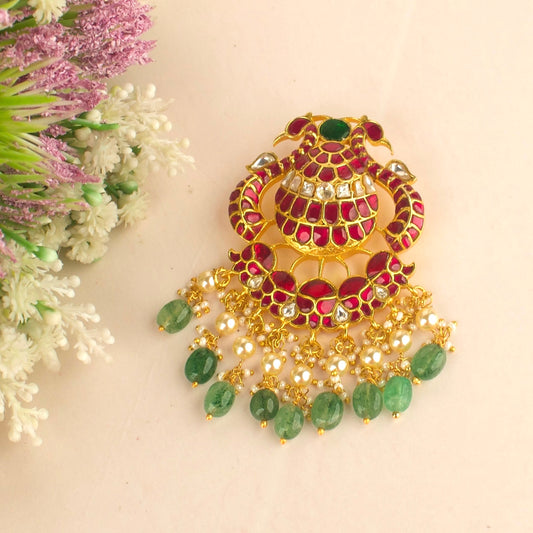 Statement Peacock Design Jadau Kundan Locket with Green Beads