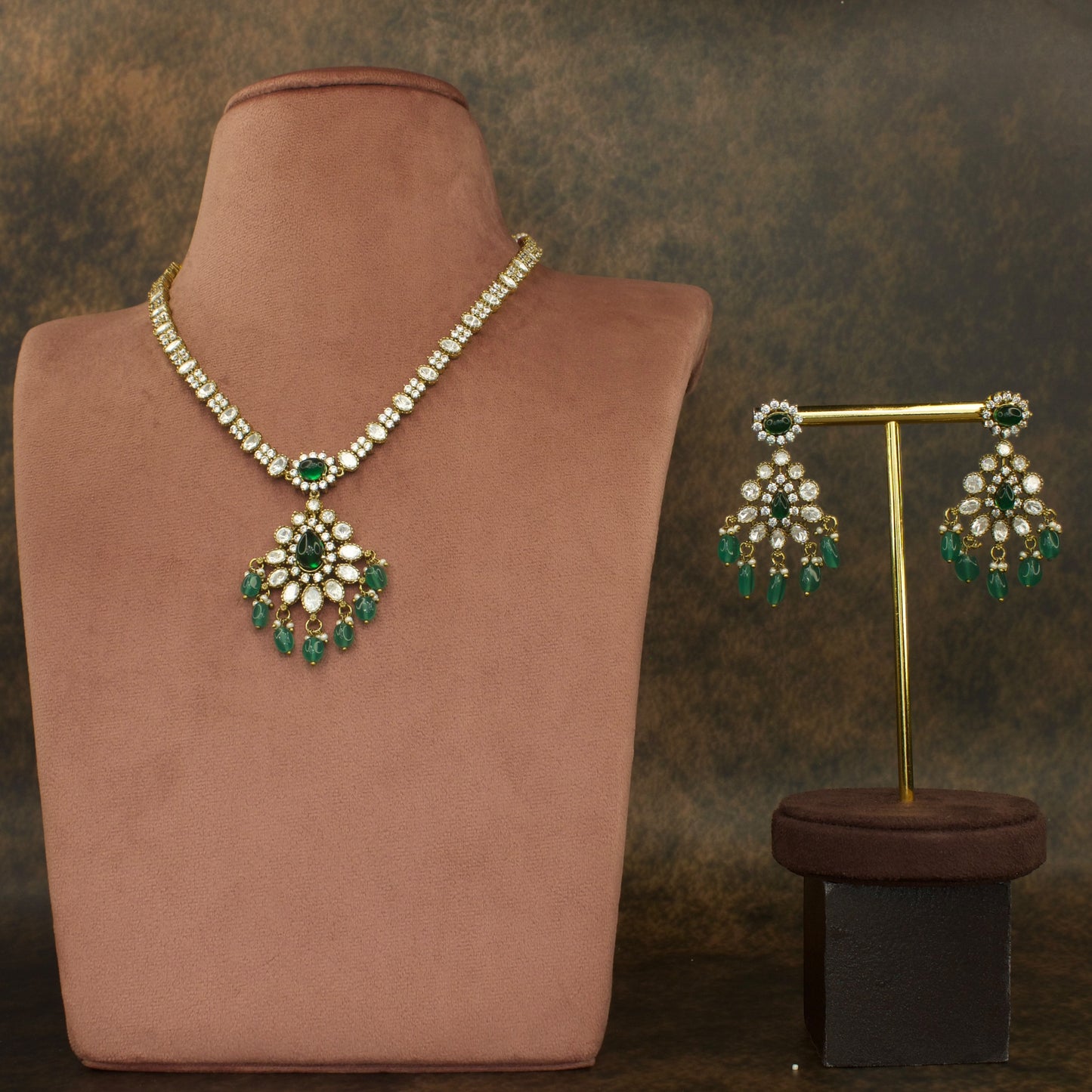 Sleek Victorian finish polki necklace set with High Quality Victorian Finish