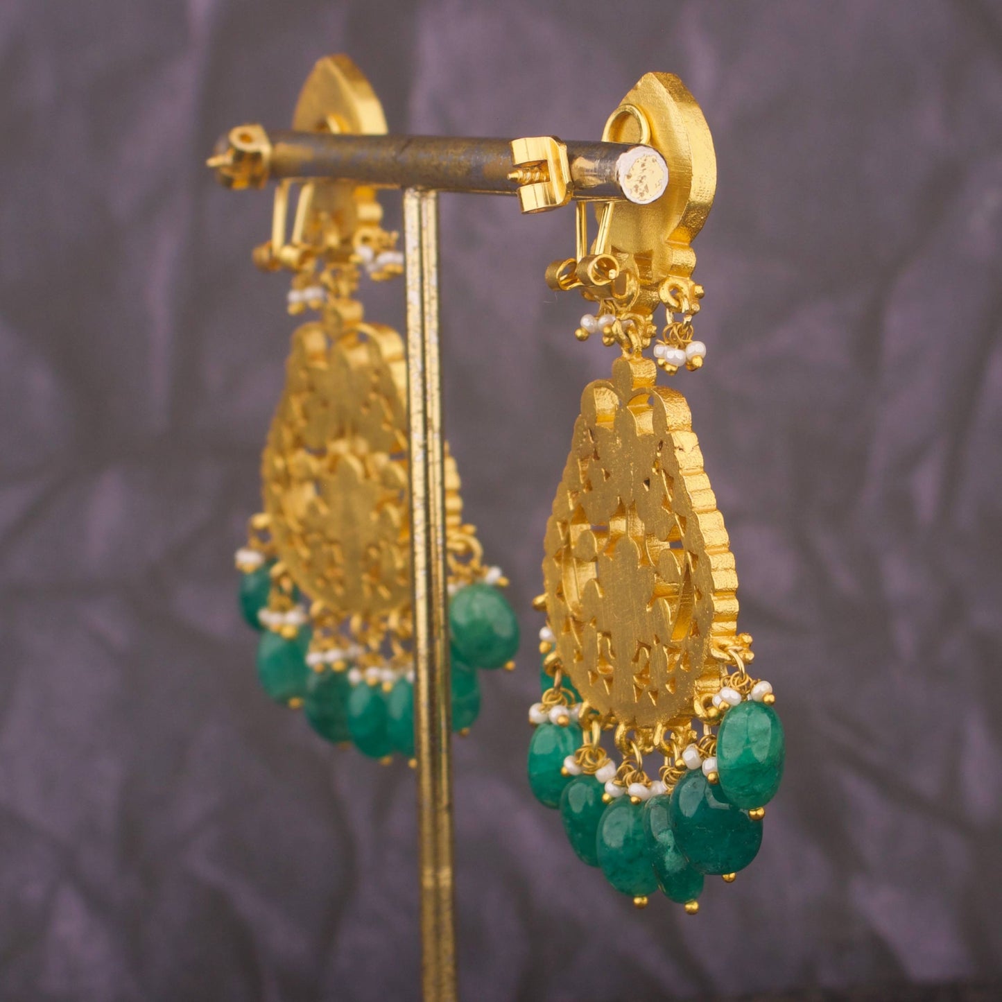 Elegant Jadau Kundan Chandbali Earrings With Emerald Drops