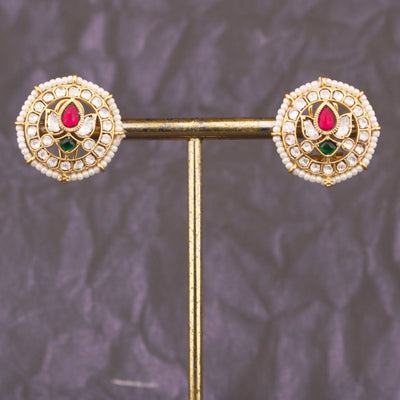 Regal Jadau Kundan Stud Earrings With Pearl Bordering