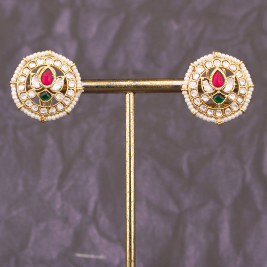 Regal Jadau Kundan Stud Earrings With Pearl Bordering