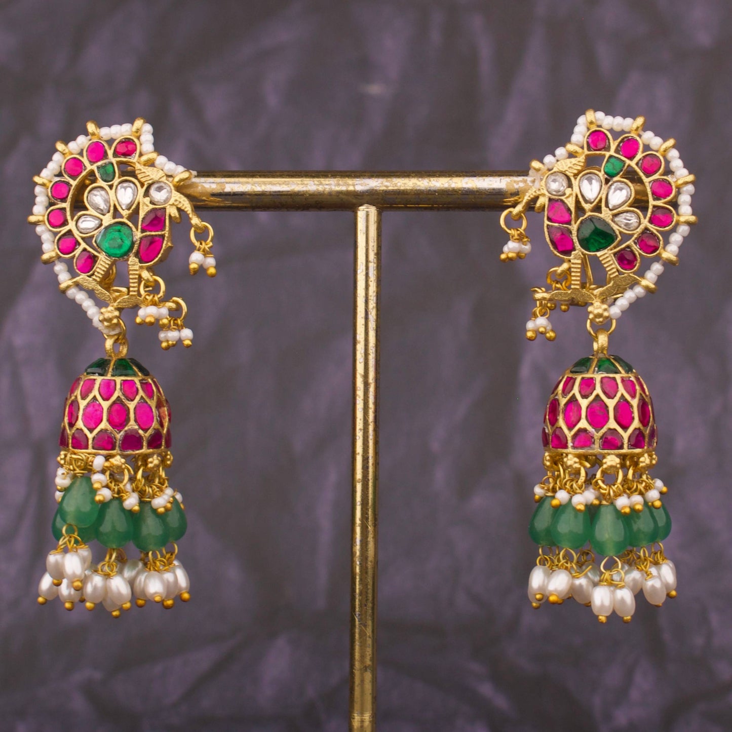 Peacock Motif Jhumka Earrings With Emerald Beads And Pearls