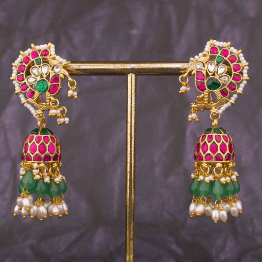Peacock Motif Jhumka Earrings With Emerald Beads And Pearls