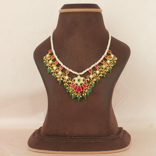 Elegant Chandbali Floral Design Jadau Kundan Beads Necklace