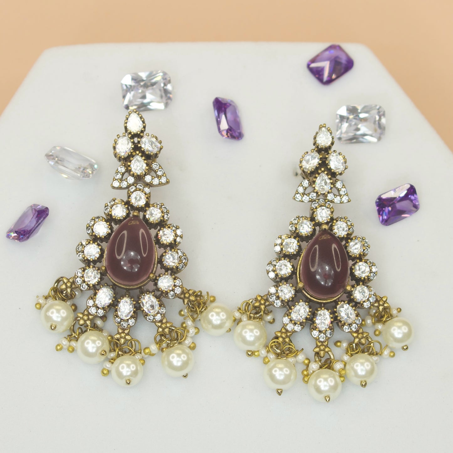 Traditional Victorian Moissanite Earrings with Fresh waster pearls