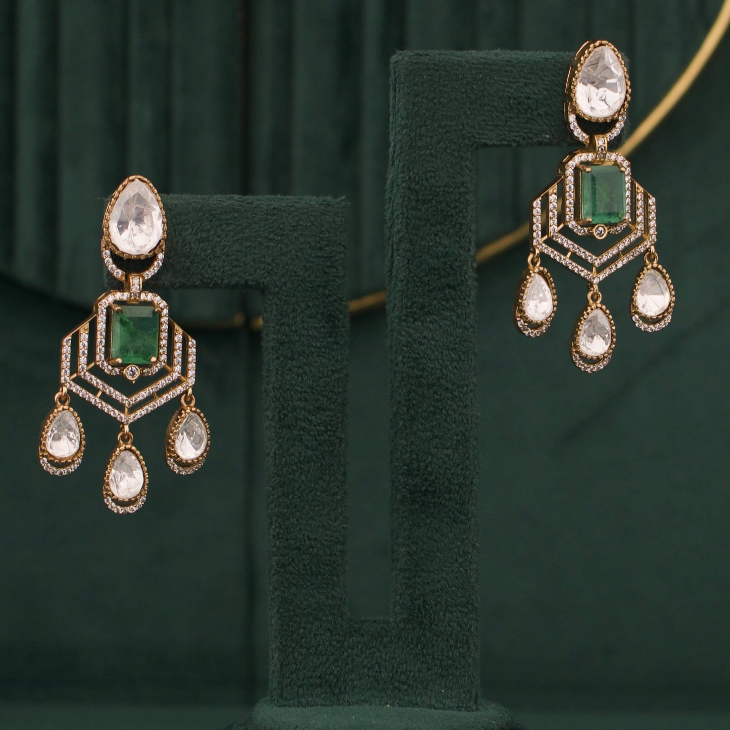 Victorian Emerald Polki Statement Choker Necklace Set With Drop Earrings