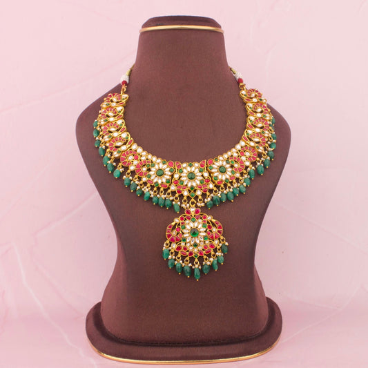 Premium Imperial Jadau Kundan Necklace With Floral Pendant for traditional celebrations