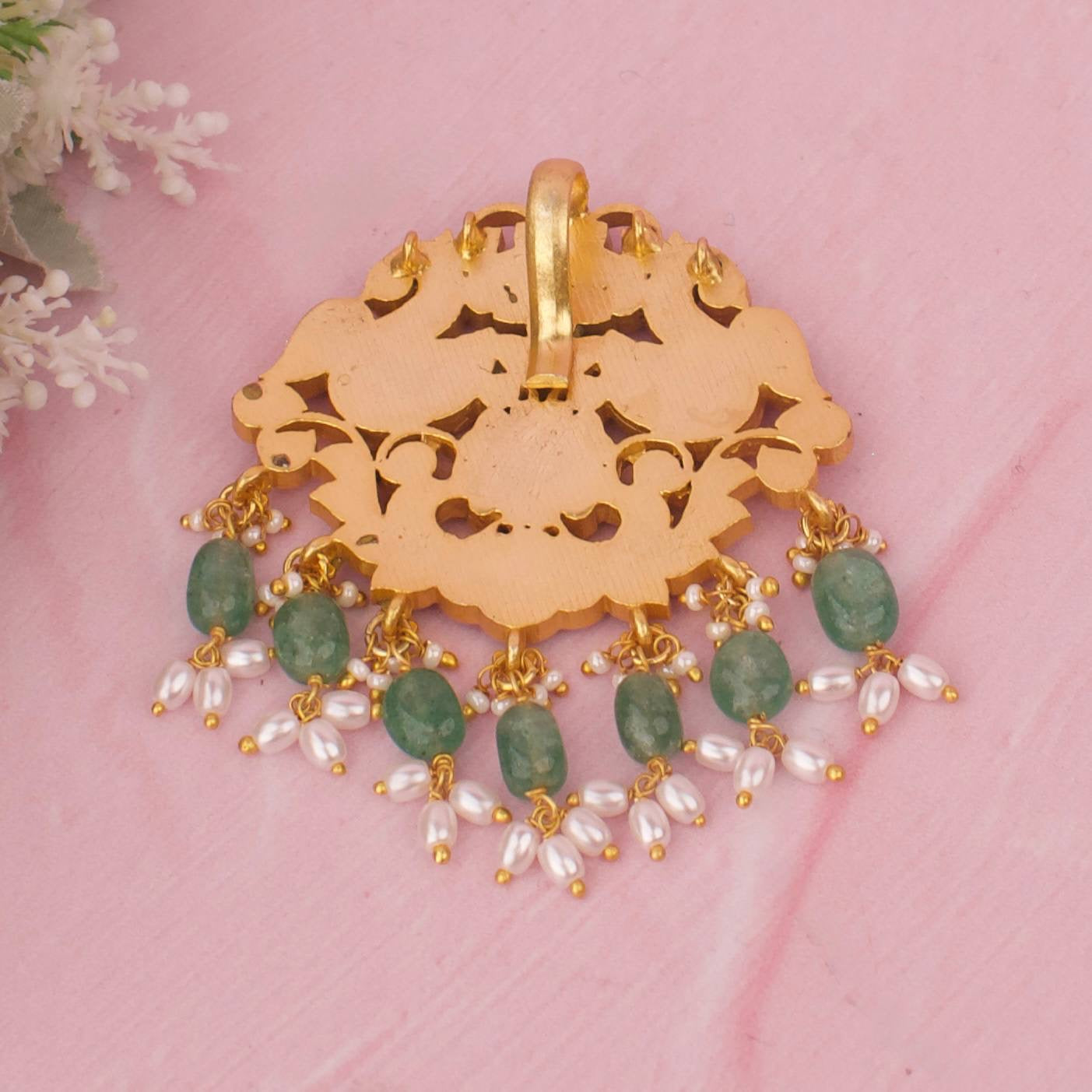 Floral Design Jadau Kundan Locket With Emerald Beads