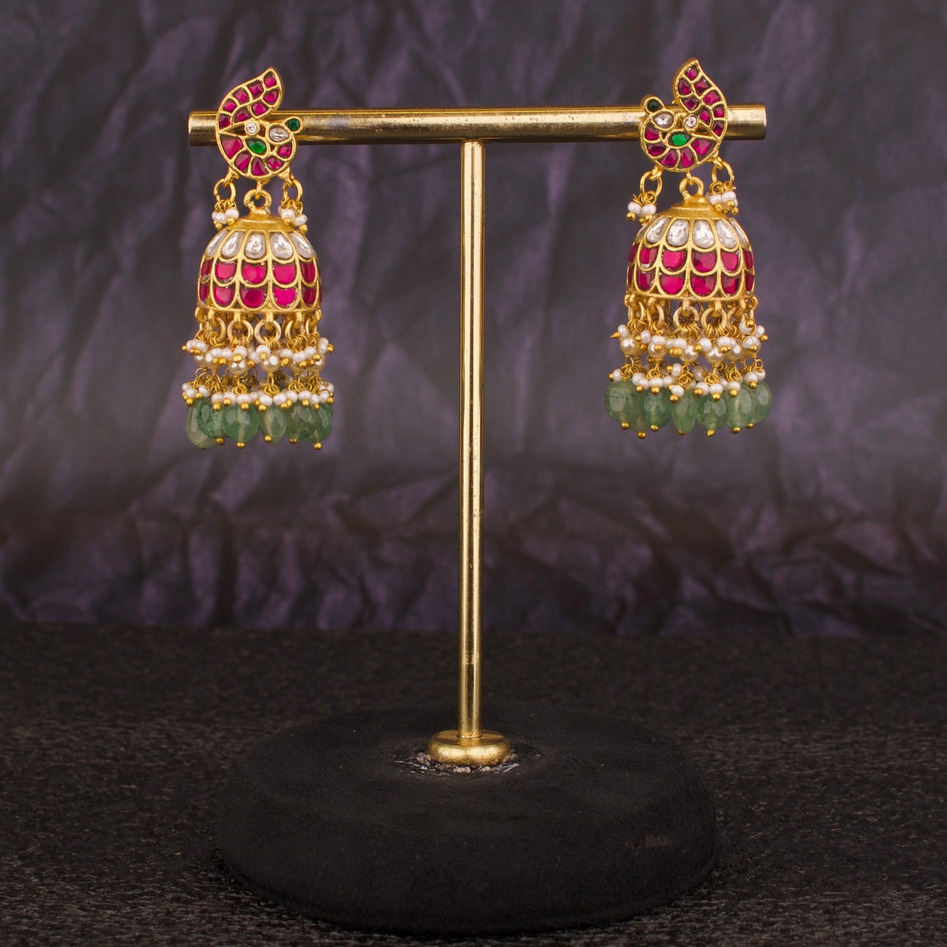 Peacock Studded Jadua Kundan Jhumka Earrings With Triple Step Hangings
