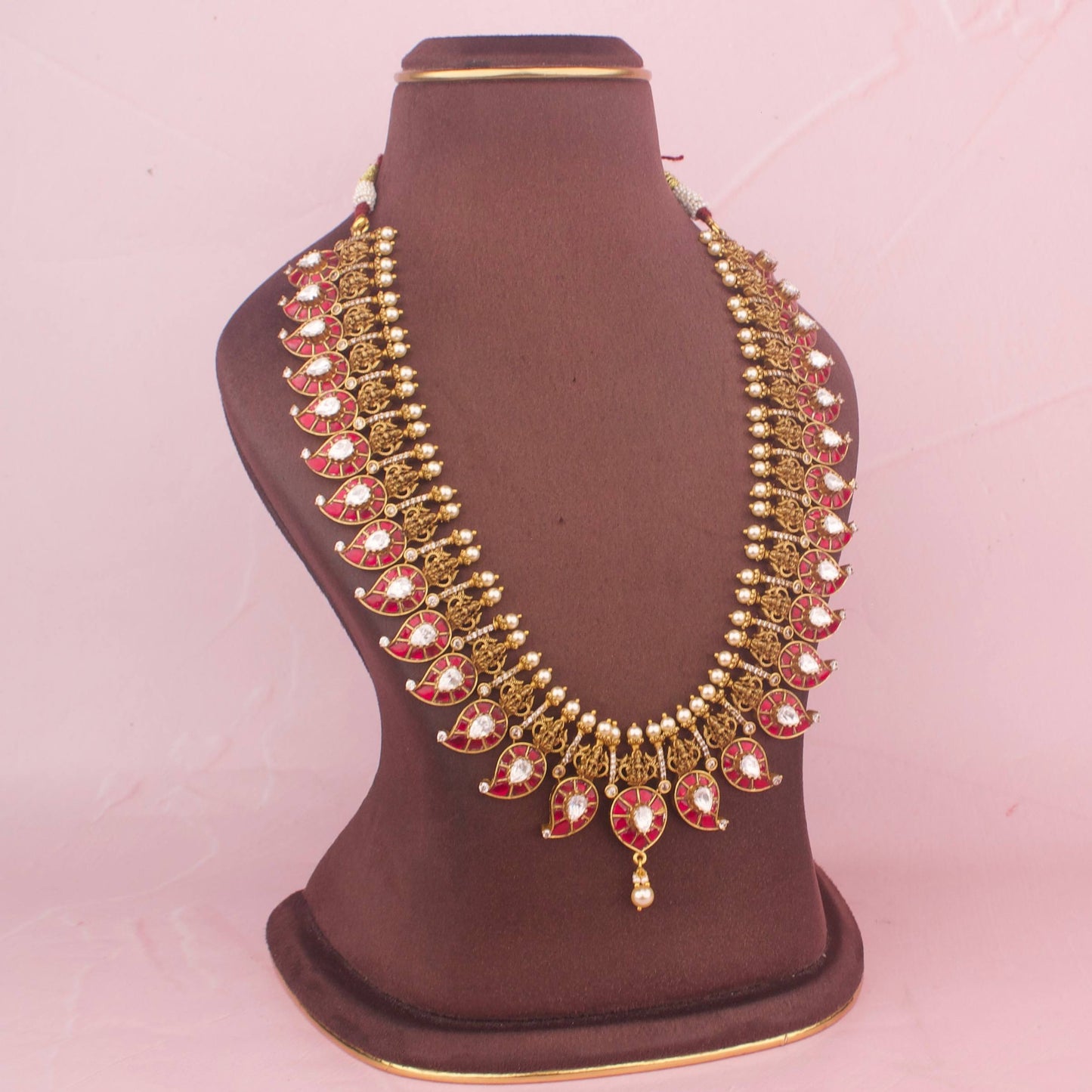 Side Angle & Craftsmanship View of Antique Gold Jadau Kundan Mango Necklace With Matching Jhumki | Dulhan Jewels
