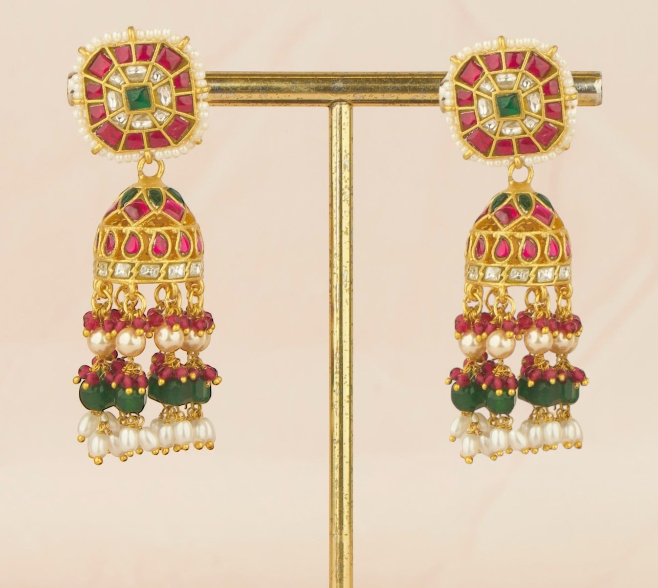 Ethereal Design Studded Jadau Kundan Jhumki with Beads Hanging - DULHAN JEWELS