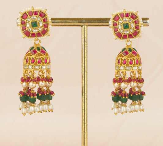 Ethereal Design Studded Jadau Kundan Jhumki with Beads Hanging - DULHAN JEWELS