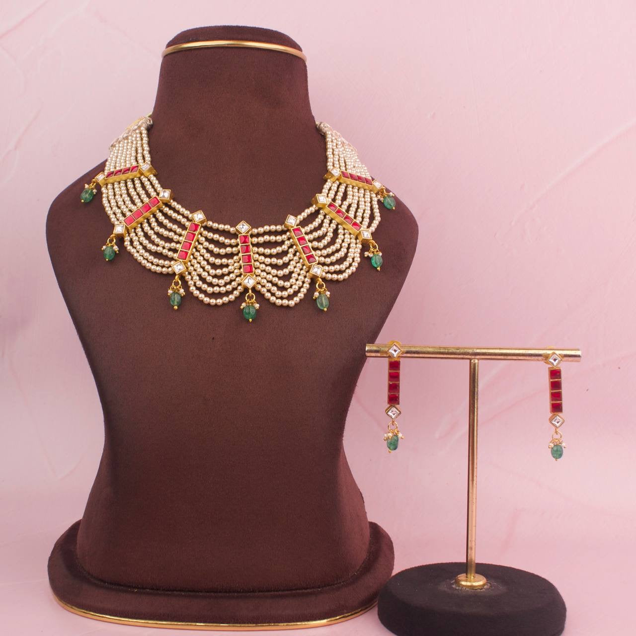 Sleek Jadau Kundan Swarovski Pearl Necklace Set With Matching Earrings