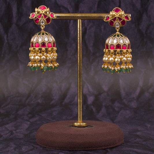 Unique Jadau Kundan Jhumki Earrings With Pearl & Beads Hanging