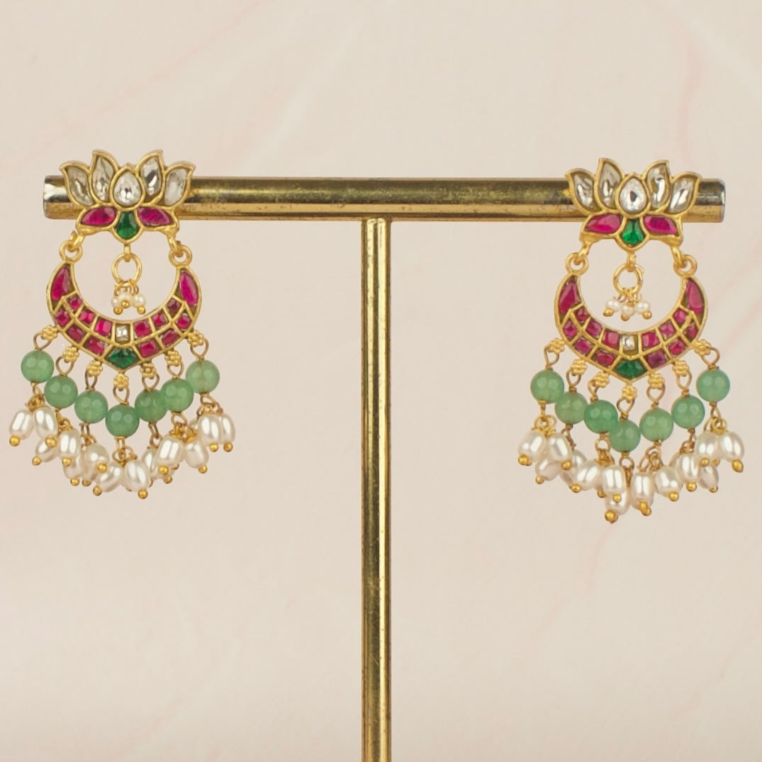 Lotus Studded Jadau Kundan Chandbali Earrings