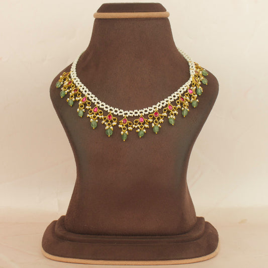 Graceful Jadau Kundan Beads Mala With Green Beads Hanging