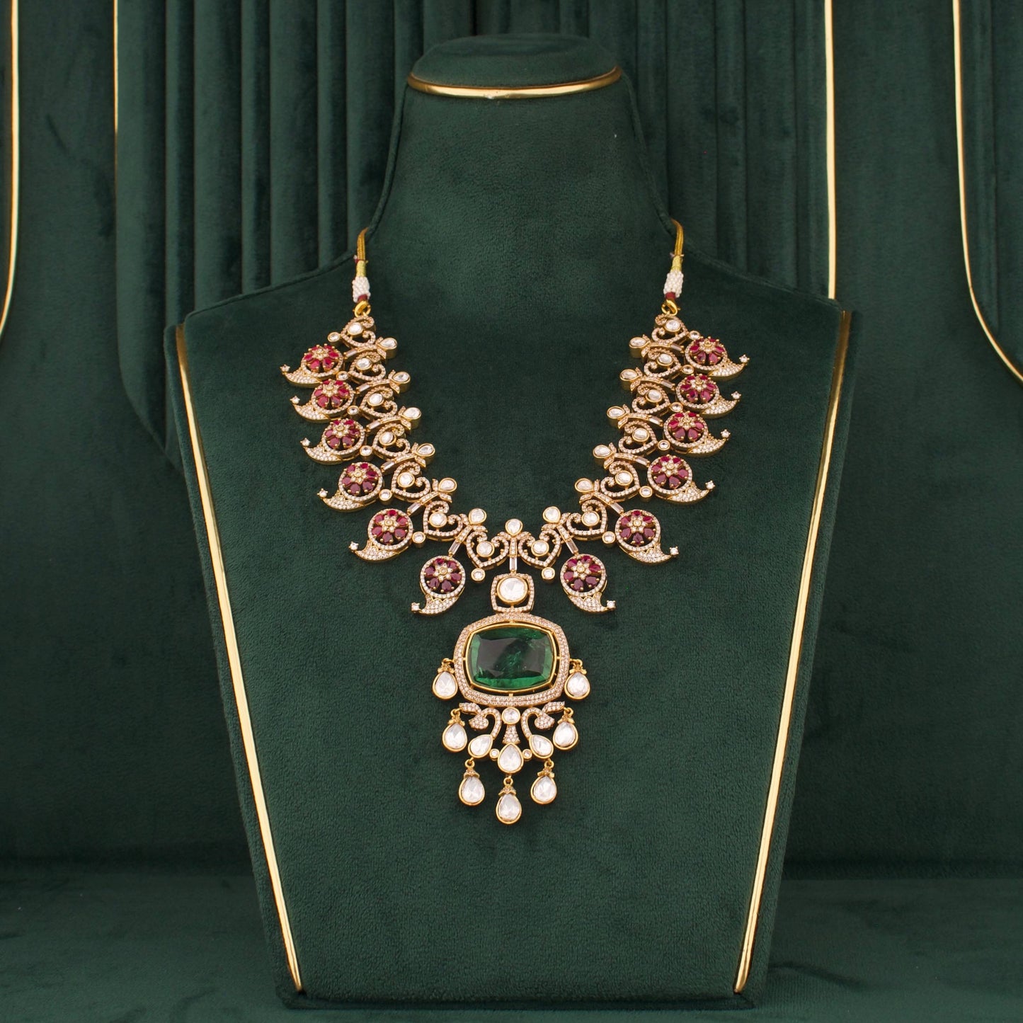 Grand Victorian Polki Necklace Set With Green Stone Pendant And Matching Earrings