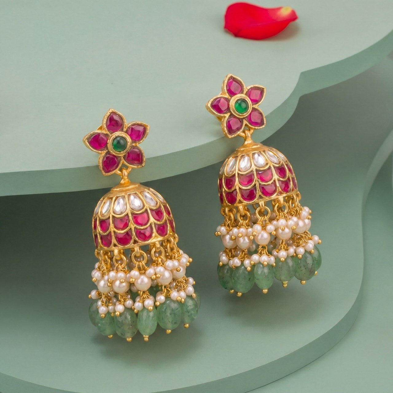 Floral Studded Jadau Kundan Stone Jhumki Earrings