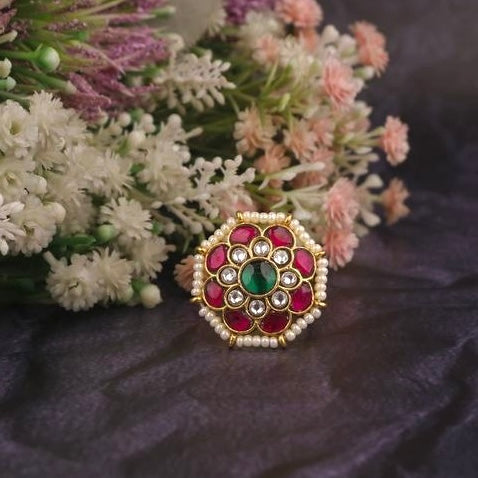Floral Design Jadau Kundan Pearl Bordering Finger Ring