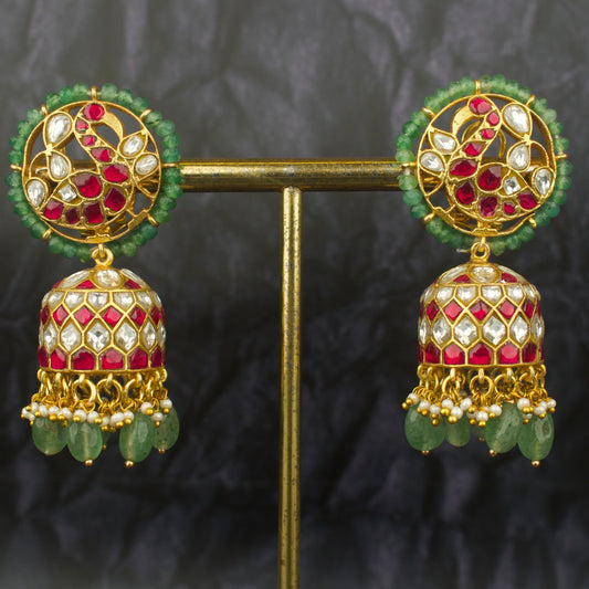 Sparkling Peacock Design Jadau  Kundan Jhumka With Beads Hangings