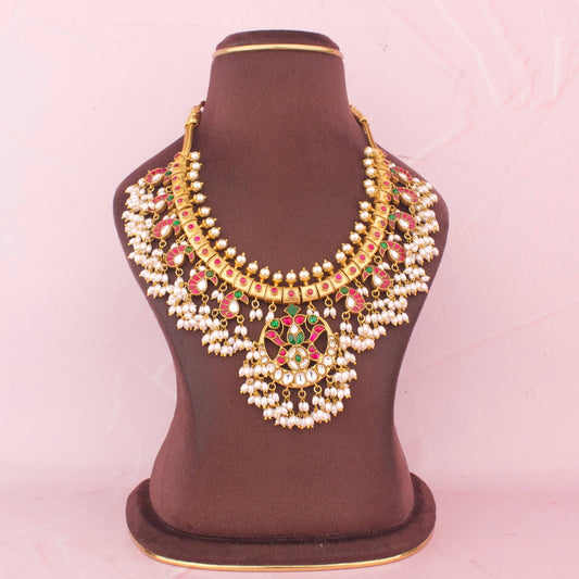 Bridal Jadau Kundan Necklace Set With Pearl Layers And Chand Pendant