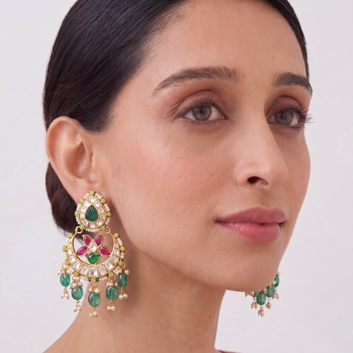 Stylish Jadau Kundan Earrings With Emerald Drops