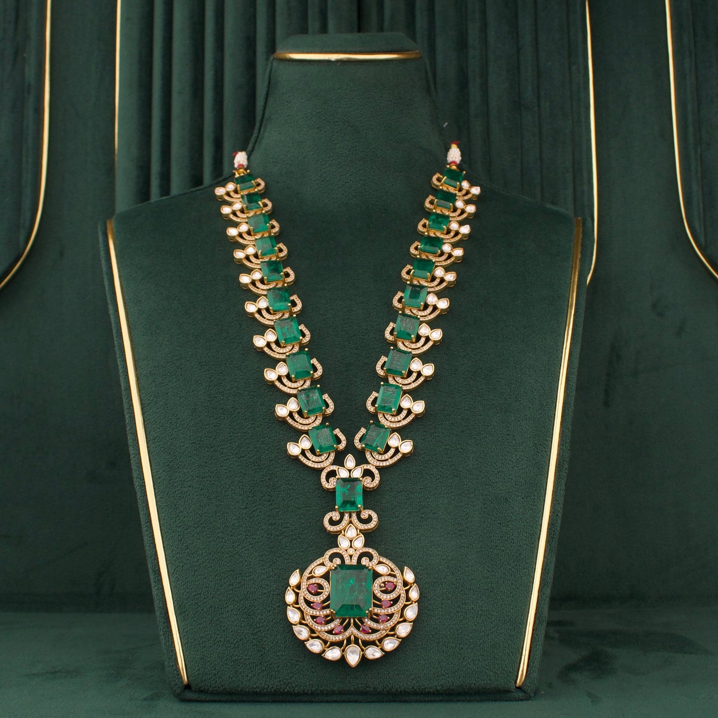 Luxury Long Victorian Necklace Set With Emerald Green Stones And Matching Earrings
