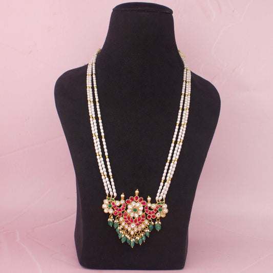 Opulent look Floral peacock Design Jadau Kundan  Pearl Rani Haar Mala