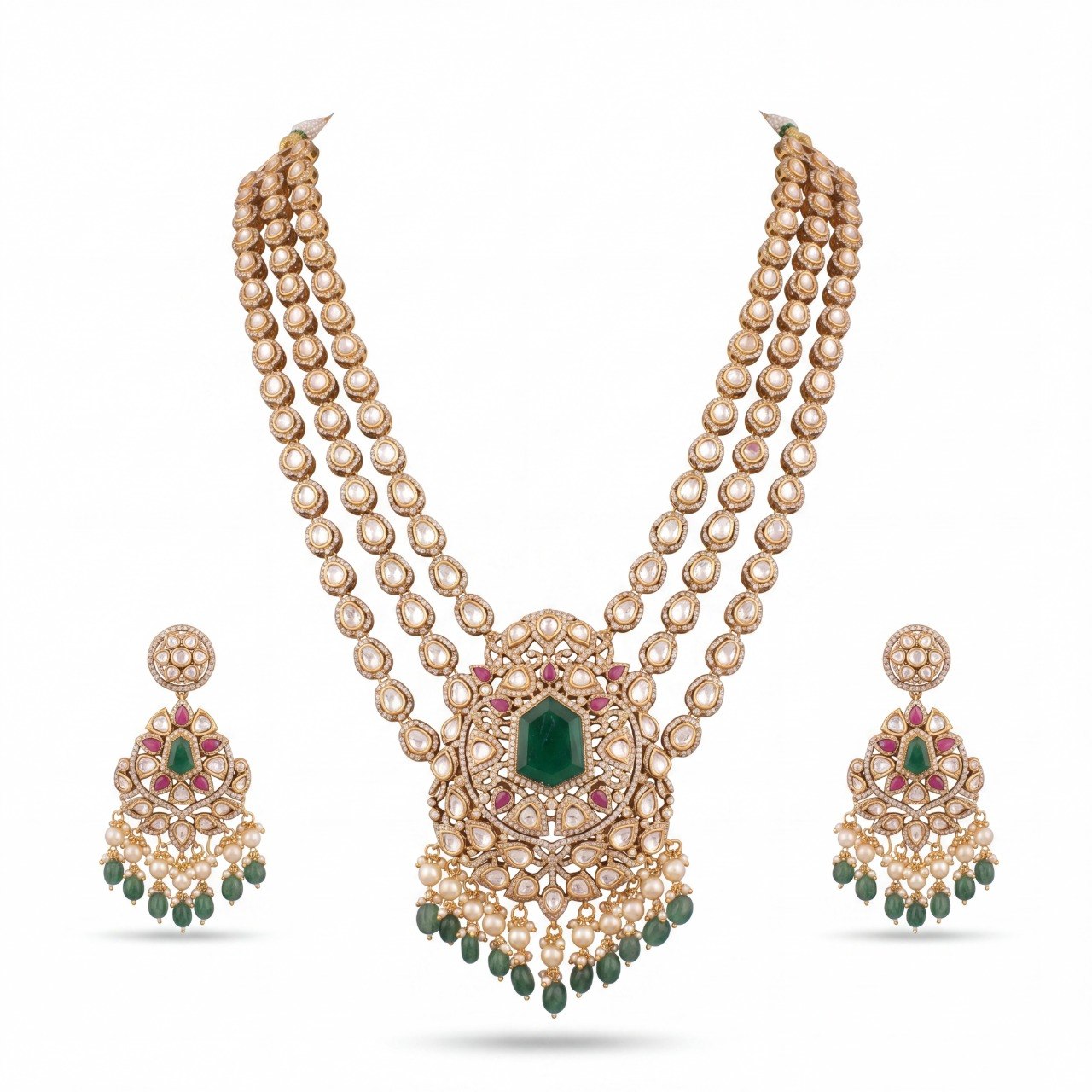 Victorian Polki Necklace Set With Emerald Center Pendant And Multi-Layer Design