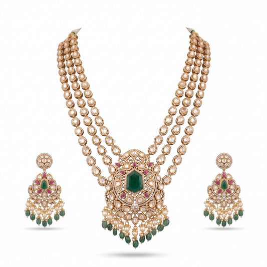 Victorian Polki Necklace Set With Emerald Center Pendant And Multi-Layer Design