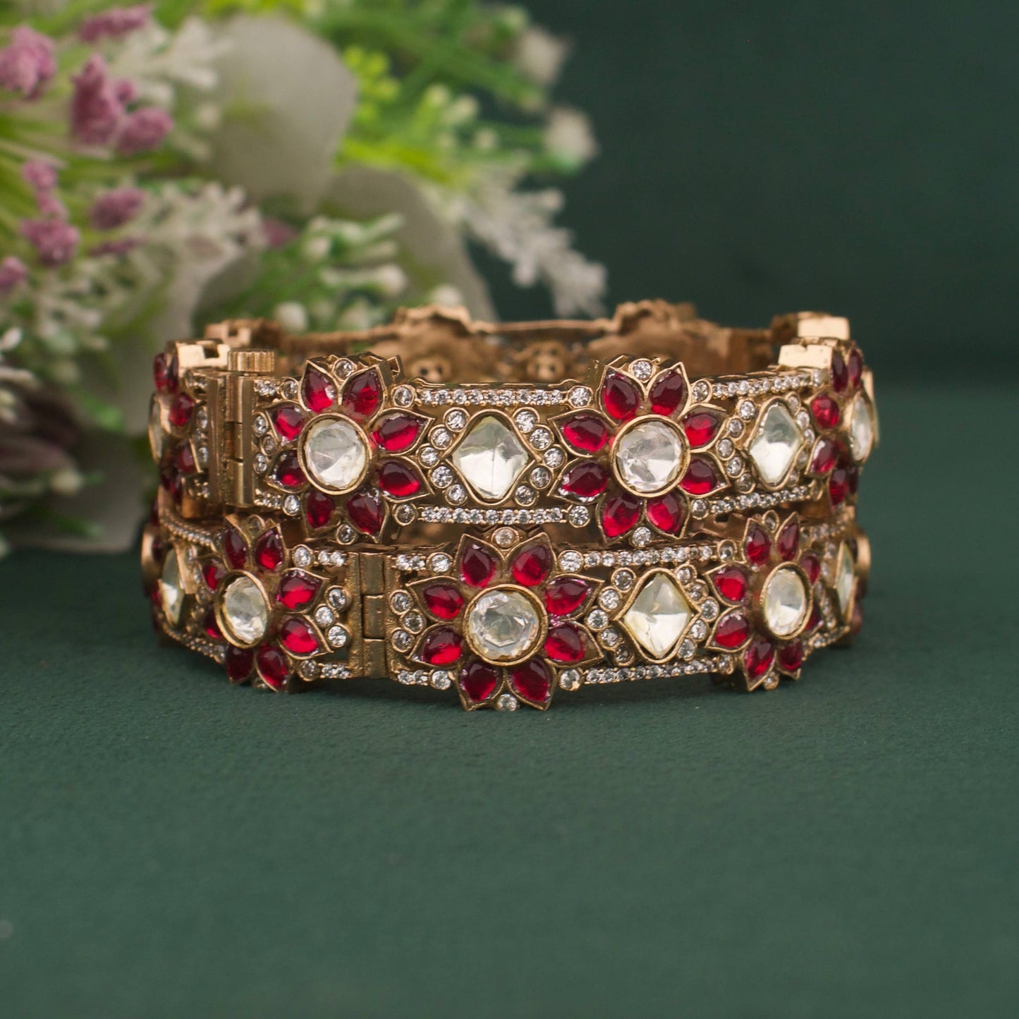 Side Angle & Craftsmanship View of Floral Design Fusion Kundan & Polki Mehandi Victorian Bangles | Dulhan Jewels