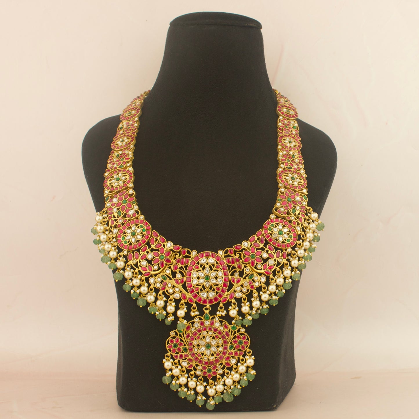 Sparkling Jadau Kundan Long Bridal Necklace With Pearl & Beads Hanging