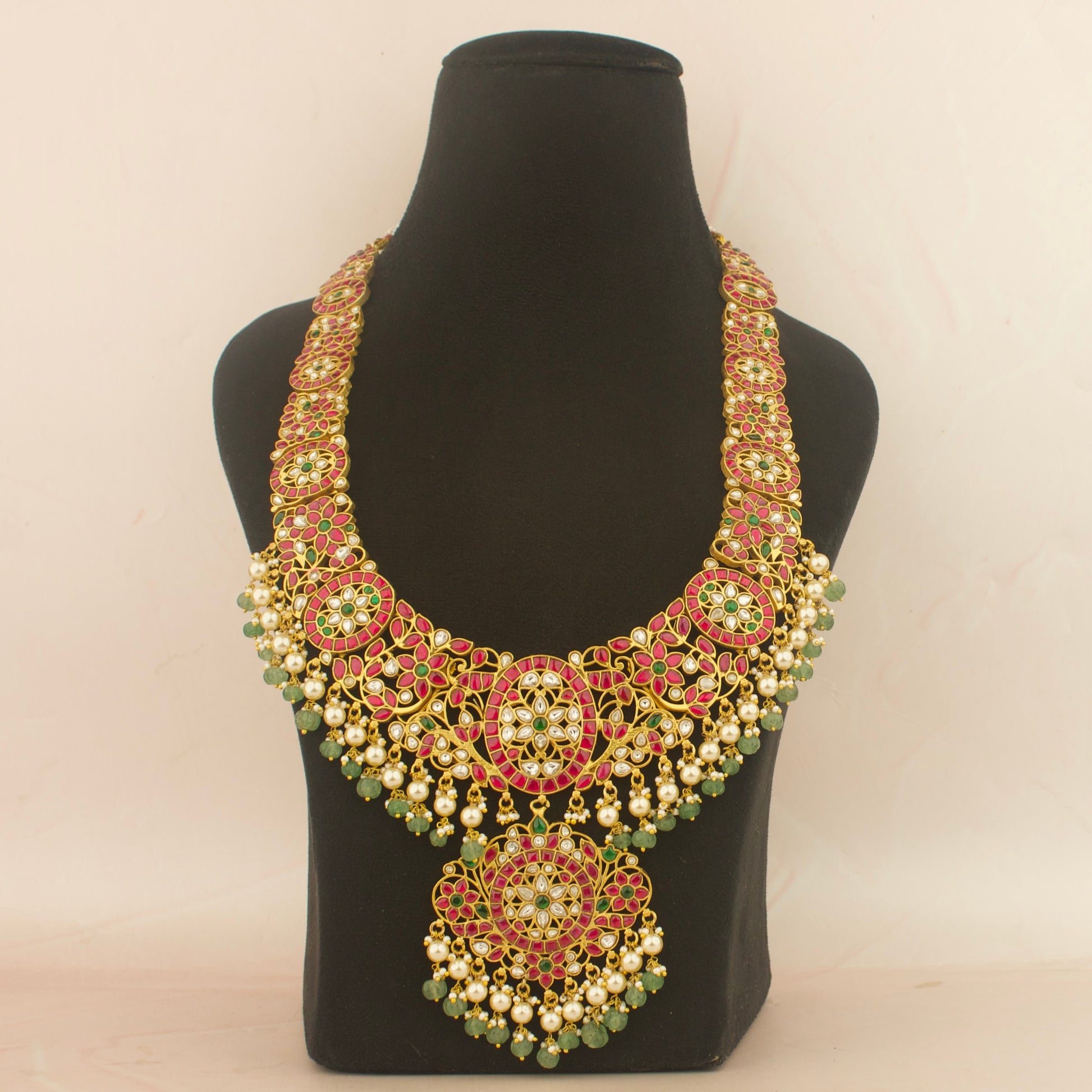 Sparkling Jadau Kundan Long Bridal Necklace With Pearl & Beads Hanging