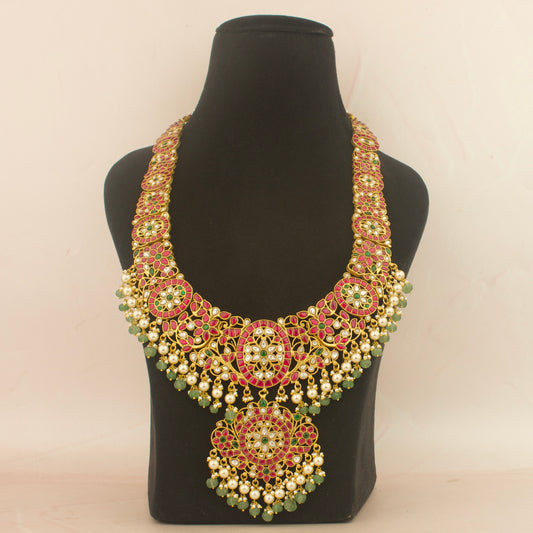 Sparkling Jadau Kundan Long Bridal Necklace With Pearl & Beads Hanging