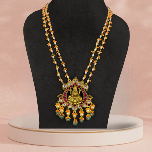 Goddess Lakshmi Mata Locket In Jadau kundan With Pearl and Coral Beads Chain