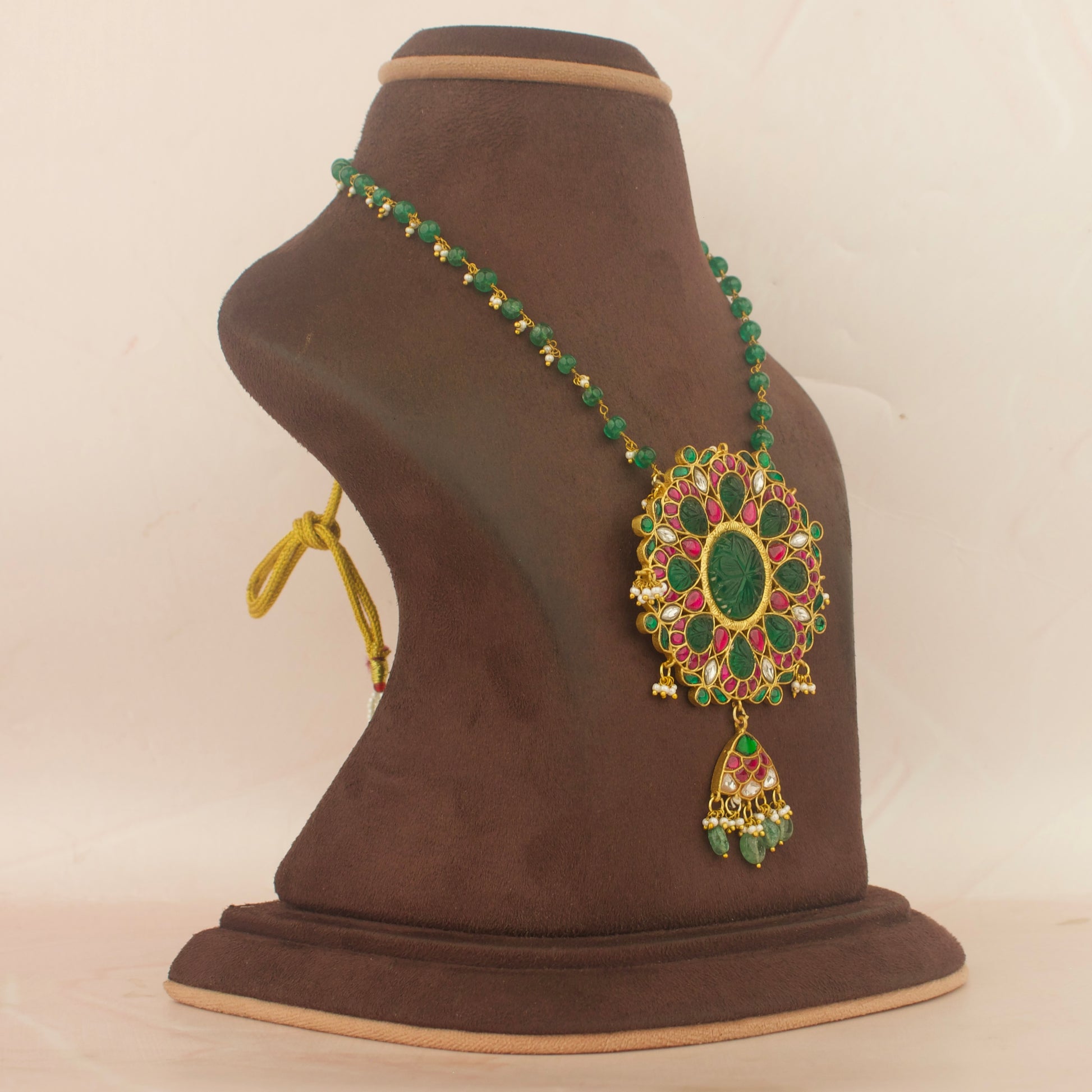 Gold Look Jadau Kundan Locket With Beads Hangings