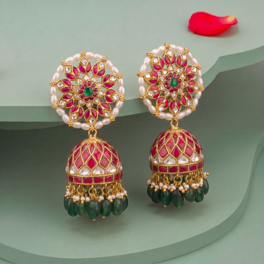 Traditional Jadau Kundan Studded Floral Mandala Design Jhumka Earrings With Emerald Green Drops