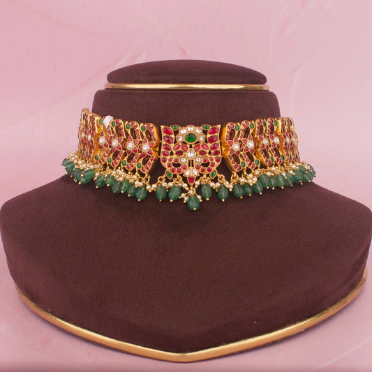 Bridal Neck Cover Jadau Kundan Choker Made In Pure 925 Silver With Strawberry Beads As Hangings