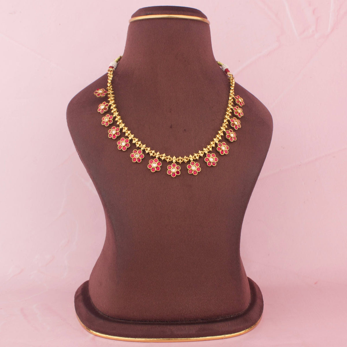 Gold Style Jadau Kundan Floral Necklace With Earrings Craftsmanship & Detail View - Dulhan Jewels