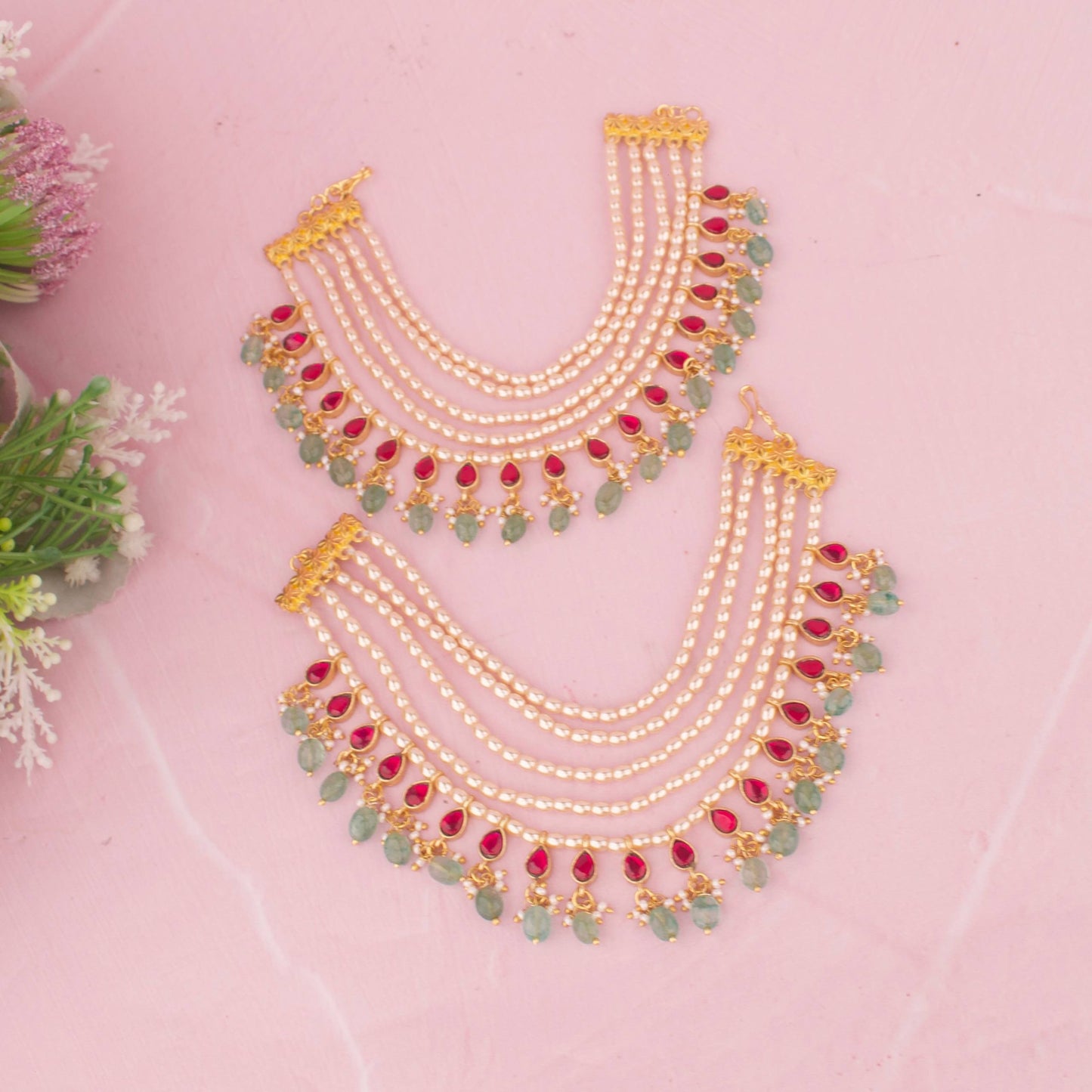Elegant Jadau Kundan Champasaralu With Green Hangings